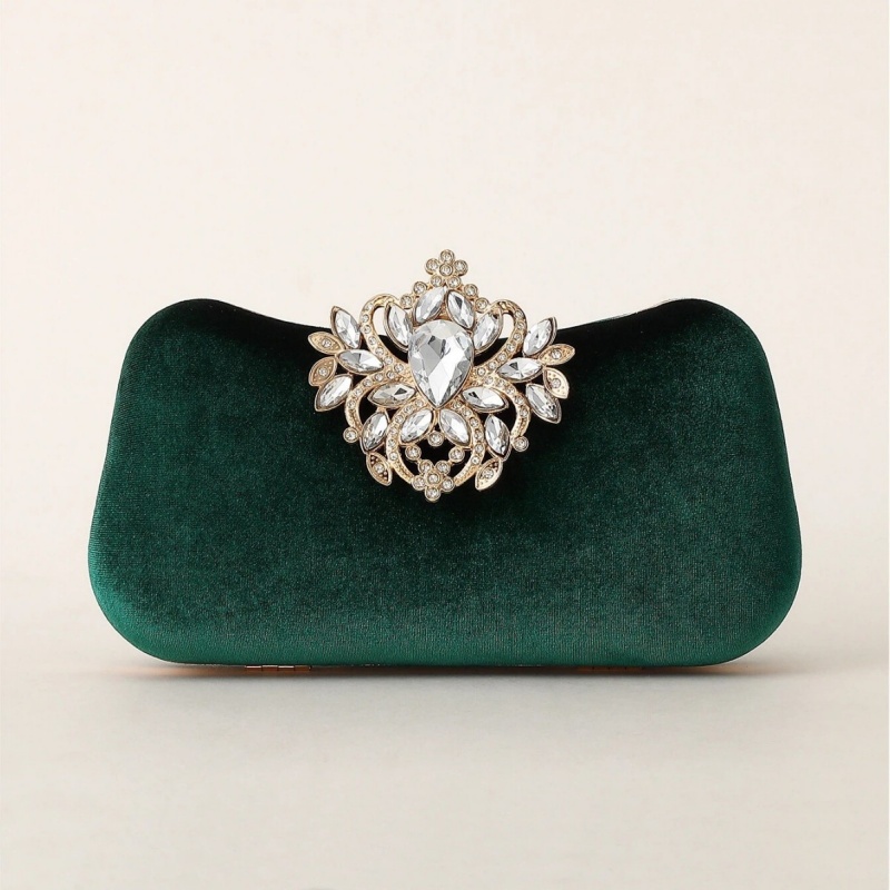 Women Bags On Sale - Dunkelgrüne Samt-Clutch Luxuriöse Strass-Blumenbrosche Harte Abendhandtasche