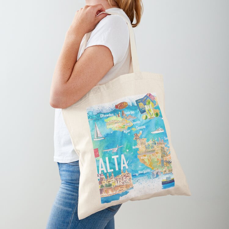 Women Bags Malta - Illustrierte Malta-Inselreisekarte mit Straßen und Highlights
